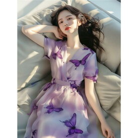 ワンピース レディース 夏 半袖 パフスリーブ Aライン ミモレ丈 コットン 涼しい 紫 蝶々柄 フレンチ スタイル ウエストマーク レトロ フェミニン かわいい 旅行 デート お出かけ カジュアル きれいめ 20代 30代