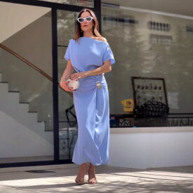 ワンピース レディース ノースリーブ ロング丈 Aライン マキシ丈 高見え 夏 フレンチスリーブ デート お出かけ 通勤 20代 30代 40代 大人 カジュアル リゾート 体型カバー 薄手 ゆったり 楽ちん ブルー グリーン カーキ