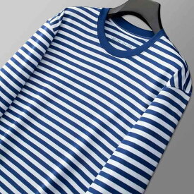 Tシャツ メンズ 長袖 丸首 トップス カットソー ブルー ホワイト ストライプ柄 反射材付き 速干 トレーニングウェア スポーツウェア 通年