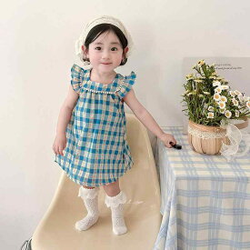 ワンピース 女の子 子供服 キッズ プリンセスドレス 春夏 青 チェック柄 切り替え フレッシュ かわいい 普段使い 通学用 お出かけ用 清楚 ガーリー おしゃれ おめかし カジュアル ナチュラル ふんわり シルエット