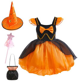 ワンピース キッズ 女の子 コスプレ 子供服 ハロウィン 仮装 小魔女 パンプス かぼちゃ 切り替え 衣装 パーティー イベント かわいい