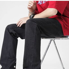 デニムパンツ メンズ ブラック ヴィンテージ風 ボタン 切り替え フレアパンツ ハイウエスト スリム ストレート 美脚 ロング丈 カジュアル オールシーズン