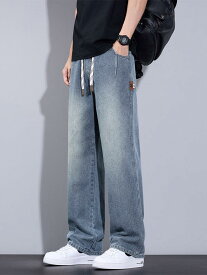デニムパンツ メンズ ハイウエスト ジーパン ストレッチ パンツ ストレート ルーズ 紐付き 高級感 薄手 普段使い カジュアル ロング丈 オールシーズン