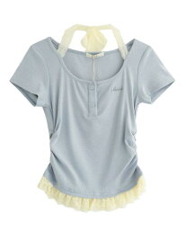 Tシャツ レディース 半袖 トップス ギャザー カットソー チョーカー風 レース メタルパーツ プルオーバー スキッパー シャーリング スリム フィット ショート丈 へそ出し クロップド丈 無地 かわいい フェミニン 春夏