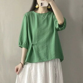 Tシャツ レディース 半袖 トップス 綿麻 盤釦 チャイナ風 提花柄 レトロ ゆったり 体型カバー 不規則裾 復古風 普段着