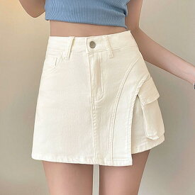 デニムミニスカート レディース 春夏用 白 伸縮性 不規則 ワークスカート ショート丈 キュロットパンツ カジュアル ボトムス