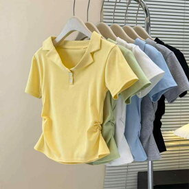 Tシャツ レディース 半袖 ポロシャツ カットソー 襟付き Vネック プルオーバー トップス スリム フィット 無地 ショート丈 春夏 カジュアル 薄手 伸縮性 ストレッチ シンプル トレンド スタイリッシュ 着痩せ 女性