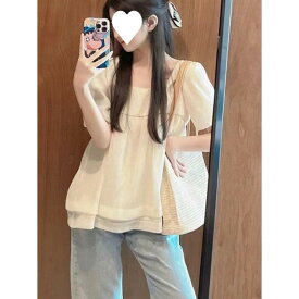シャツ レディース 半袖 スクエアネック パフスリーブ シフォン チュニック トップス フレンチスタイル おしゃれ かわいい 高級感 無地 シンプル 通学 通勤 普段使い 春夏