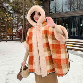 ポンチョ レディース 秋冬 格子柄 厚手 フード付き 大判 ストール ショール 暖かい 羽織り 肩掛け ケープ 膝掛け ひざかけ ブランケット 防寒 冷房対策 あったか グレージュ オレンジ系 ミックスカラー