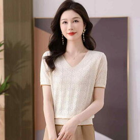 Tシャツ レディース 半袖 Vネック ニット 接触 ゆったり おしゃれ 透かし編み 薄手 トップス