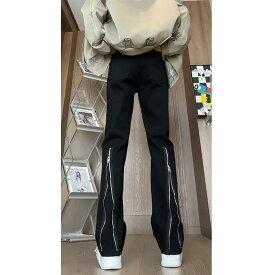 デニムパンツ メンズ スリム ストレート 微フレア ジッパー スリット入り アメカジ ストリート系 デザイン性 春夏 ロング ボトムス ジーパン カジュアル 美脚 着痩せ おしゃれ ベーシック ジップフライ