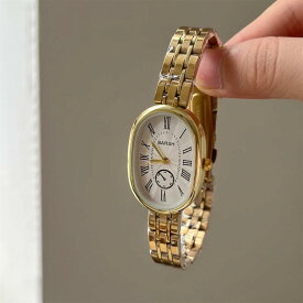腕時計 レディース 金色 ゴールド オーバル 楕円形 ローマ数字 文字盤 クォーツ時計 ラインストーン 装飾付き ダブルロック 普段使い エレガント
