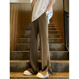 スラックス メンズ スリット入り フレア ストレート ロングパンツ 春秋 カジュアル 脚長効果 半ゴムウエスト トレンド クール 無地 ストレッチ 美脚 スタイルアップ 普段使い 通勤用 ビッグシルエット スタイリッシュ ベーシック シンプル デイリーユ