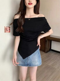 Tシャツ レディース 半袖 オフショルダー トップス 不規則 アシンメトリー 無地 ゆったり 着痩せ フレンチスタイル ガーリー カジュアル 春夏