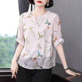 ブラウス レディース 半袖 シフォン 大人かわいい きれいめ おしゃれ ゆったり 体型カバー 大きいサイズ 中年 母親向け トップス