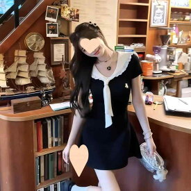 ワンピース レディース セーラー襟 フレンチガーリー スクール風 夏服 ウエストマーク 体型カバー フレアスカート 膝丈 フェミニン 大人かわいい カジュアル お出かけ デート きれいめ 清楚スタイル コットン混