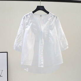 シャツ レディース 七分袖 透かし彫り 刺繍 綿 白 ビッグシルエット ブラウス 普段使い カジュアル 無地