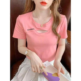Tシャツ レディース 半袖 カットソー デザイン性 クルーネック 透かし彫り 抜き襟 セクシー カジュアル トップス 肌見せ サマー