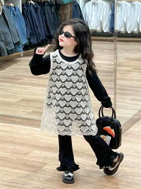 子供服 女の子 3点セット レースワンピース 重ね着風 無地 インナーシャツ フレアパンツ 春夏 ガールズ レイヤード