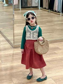スカート キッズ 女の子 上下セット ベスト インナー かわいい レトロ 透かし編み レイヤード バイカラー 緑 メロウフリル 赤 ドット柄 コットンガーゼ 秋