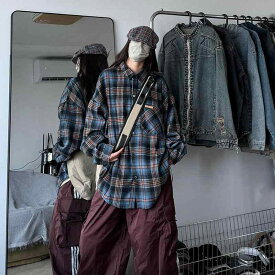 シャツ メンズ レディース 秋冬 高級感 イエロー ブルー チェック柄 長袖 トップス 裏起毛 アメリカン レトロ ヴィンテージ風 ユニセックス 羽織り アウター