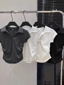 Tシャツ レディース 半袖 ポロネック Vネック スリムフィット ウエストシェイプ ギャザー アメリカンカジュアルスタイル 春夏 グレー