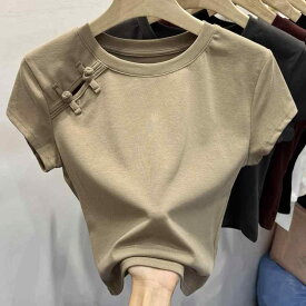 Tシャツ レディース 半袖 カットソー チャイナ風 盤扣 中華風 レトロ デザイン感 丸首 国風 トップス 普段使い カジュアル おしゃれ オールシーズン