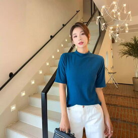 Tシャツ レディース 五分袖 秋冬 リブ素材 厚手 インナー トップス 重ね着 ハイネック 暖かい カジュアル 無地 伸縮性