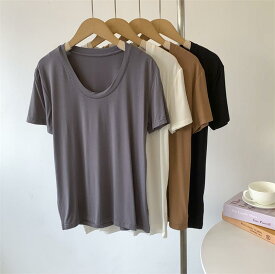 トップス レディース モダール 綿 無地 Uネック Tシャツ 薄手 伸縮性 落ち感 ゆったり ダンス 練習着 モダンバレエ
