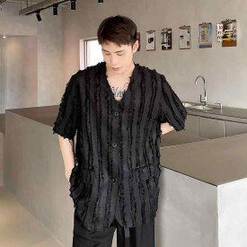 シャツ メンズ レディース Vネック テーラードジャケット 半袖 フリンジ シンプル 夏 襟付き 羽織り カジュアル 通勤 通学 お出かけ きれいめ 涼しい素材 綿麻風 軽量 トップス 重ね着風