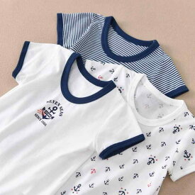 Tシャツ キッズ 男の子 女の子 半袖 マリンスタイル アンカー柄 レーヨン 接触 吸汗 通気性 柔らかい ナチュラル 日系 シンプル