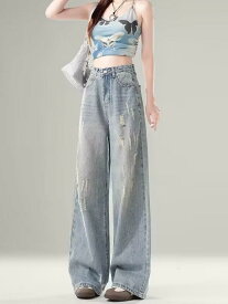 デニムパンツ レディース ハイウエスト アメリカン ワイドパンツ ストレート ジーパン ダメージ加工 ゆる感 ゆるシルエット 美脚効果 フルレングス 春物