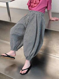 パンツ 女の子 ジュニア チェック柄 サルエルパンツ バルーンパンツ 防蚊パンツ カジュアルパンツ 長ズボン 春夏 リラックス感 通気性 吸汗性 ウエストゴム お出かけ 普段着 公園遊び 動きやすい ゆったり ボトムス