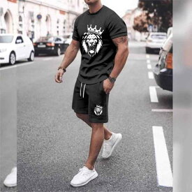 Tシャツ メンズ 半袖 セットアップ 上下セット スポーツウェア 3D デジタルプリント プルオーバー ラウンドネック クルーネック 部屋着 ルームウェア 運動着 アウトドア カジュアル トップス カットソー 吸汗速乾 伸縮性 ストレッチ 涼しい