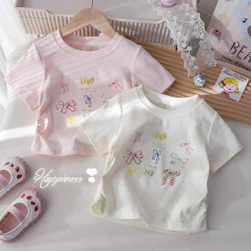 Tシャツ キッズ 女の子 半袖 パール調 ビジュー リボン 切り替え おしゃれ かわいい トップス 夏物 カジュアル