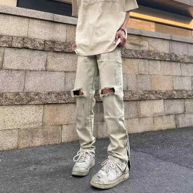 デニムパンツ メンズ ストリート ダメージ加工 ジッパー スリット ワイドパンツ カジュアル ゆったり ルーズフィット オールシーズン