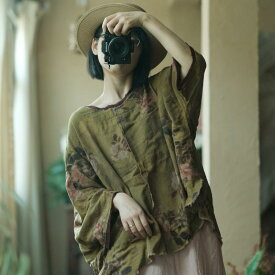 Tシャツ 女性用 復古 長袖 綿 素材 印花 デザイン 丸首 ゆったり シルエット フリンジ 加工 接触冷感 吸湿速乾 かわいい トップス 普段使い 春夏 グリーン系