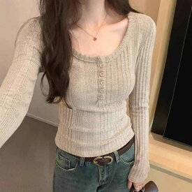 長袖 Tシャツ 女性用 春夏 半開き Uネック デザイン性 短め インナー トップス 修身シルエット 切り替え ボタン ポリエステル 接触冷感 伸縮性 吸湿速乾 かき色 ネイビー ピンク系 グレー系 日韓カジュアル ゆったりスタイル 普段使い 軽量 通勤