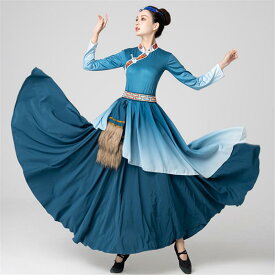 民族舞 衣装 女性用 チベット風 モンゴル風 少数民族 半身スカート 大振りスカート ダンスパフォーマンス 衣装 ネット生地 ポリエステル 切り替えデザイン グラデーションカラー ブルー レッド ホワイト ブラック ウエストベルト 付き 春夏 ステージ衣