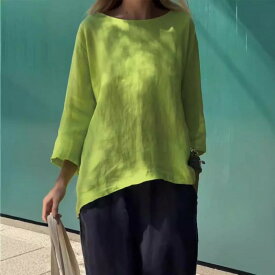 Tシャツ 女性用 九分袖 ラウンドネック 綿麻素材 ゆったりシルエット トップス 免燙加工 純色 立体プリント 通勤風 快適カジュアル 気質スタイル 白色 ブラック グリーン レッド グレー ライトグリーン 春夏秋 普通丈 通常袖 コットン ポリエステル