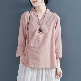 長袖 シャツ レディース 春夏 漢服風 トップス 斜め襟 盤ボタン 中国風 上衣 綿麻素材 純色 開衫 ゆったりシルエット 普通丈 Vネック 通常袖 復古スタイル 快適カジュアル 肉粉 藕粉 ホワイト 青ブルー 接触冷感 吸湿速乾 軽量 通勤用 普段使い