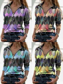 レディース Tシャツ トップス Vネック 長袖 修身 切り替え プリント 紫 イエロー ピンク ブルー ポリエステル コットン 気質 通勤 通年 吸湿速乾 伸縮性 軽量 ビッグサイズ 普段使い
