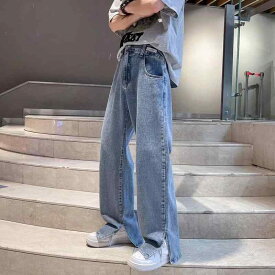 デニムパンツ メンズ ストリート スリット ストレート ワイド カジュアル ジーパン オールシーズン おしゃれ 個性的 クール トレンド ハイウエスト ゆったり ロング丈 綿混素材 普段使い アメカジ 伸縮性 ボトムス