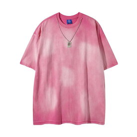 Tシャツ メンズ 半袖 カットソー 丸首 ティーシャツ トップス オーバーサイズ ゆるシルエット グラデーション チェーン付き アメリカン ストリート系 カジュアル 普段着