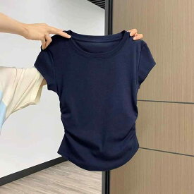 トップス レディース 半袖 Tシャツ ネイビー クルーネック プリーツ ウエストシェイプ スリムフィット 着痩せ ショート丈 デザイン性 春夏 カジュアル きれいめ 無地 コットン シンプル