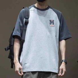 Tシャツ メンズ 半袖 アメリカン バイカラー 配色 オーバーサイズ 綿100％ トップス クルーネック ゆったり カジュアル ストリート アメカジ 春夏