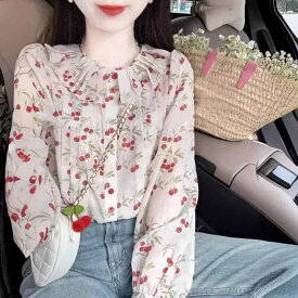 ブラウス レディース 春夏 シフォン 長袖 さくらんぼ柄 花柄 フレンチスタイル レトロ ヴィンテージ風 プリーツカラー 襟付き フェミニン きれいめ 高級感 上品 大人かわいい シャツ トップス
