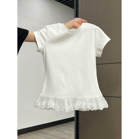 Tシャツ レディース 春夏 レース 裾 フリル 丸首 半袖 トップス インナー 重ね着風 カジュアル きれいめ 清楚 大人かわいい フェミニン