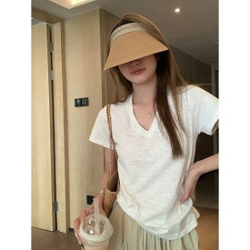 Tシャツ レディース 半袖 カットソー トップス Vネック スラブ天竺 綿 コットン 無地 白 ホワイト 薄手 涼しい 着痩せ ゆる ゆったり 大きめ 楽ちん カジュアル お出かけ デイリー 普段使い 春夏 サマー