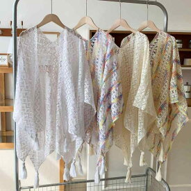 ショール ニット 高級感 ヴィンテージ風 透かし編み ホワイト 無地 開き 薄手 カーディガン フリンジ 大判 ポンチョ アウター ボレロ